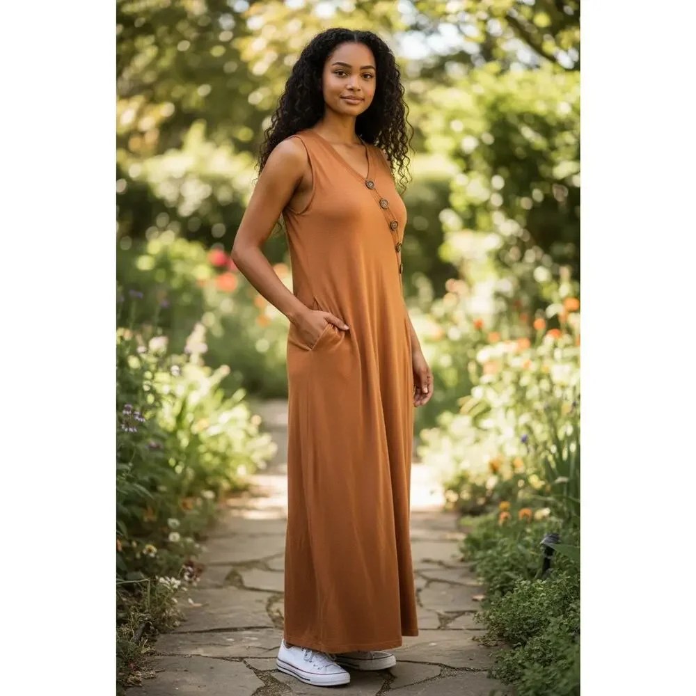 Soft Surroundings Rust Orange Maxi Dress Sleeveless Button Front Pockets Medium - Picture 14 of 14